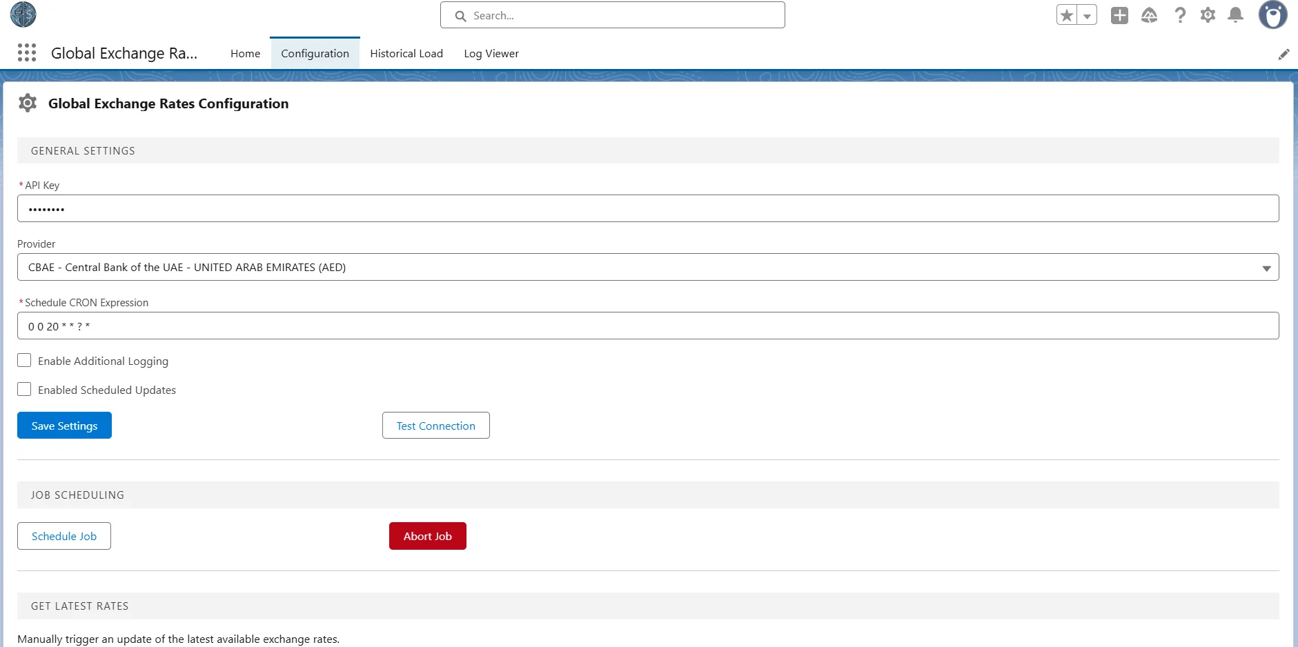 Global Exchange Rates configuration screen in Salesforce, showing API key, provider selection, schedule and scheduled updates