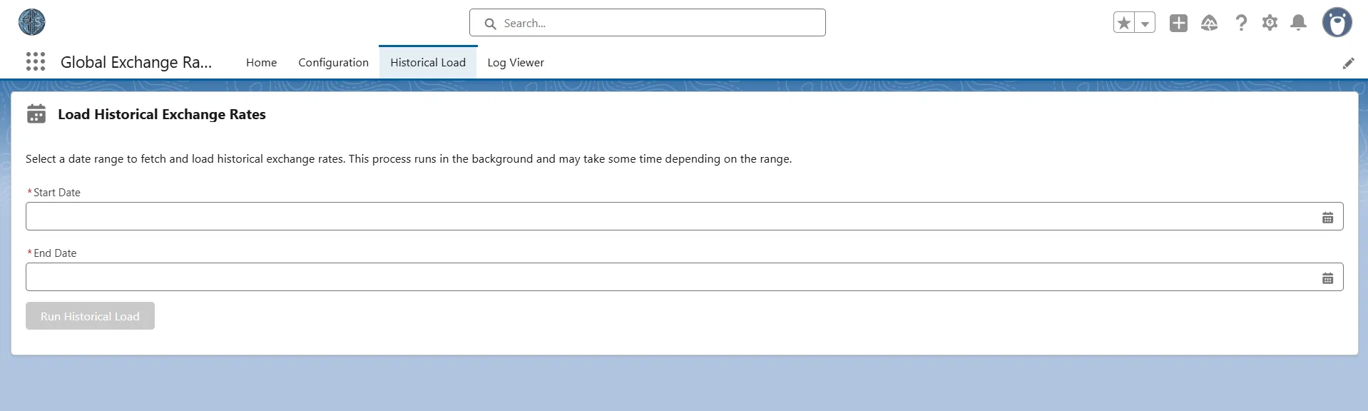 Load historical official exchange rates by date range in the Global Exchange Rates Salesforce app