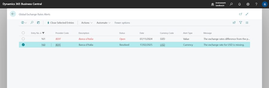 Exchange rate alerts inside Microsoft Dynamics 365 Business Central